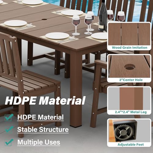 9-Piece Patio Dining Set, Outdoor Dining Set for 8, HDPE All-Weather Outdoor Furniture with 75.20” Umbrella Hole Table, 2 Armchairs & 6 Armless Chairs, Brown - color: Brown, size: 2 Armchairs & 6 Armless Chairs