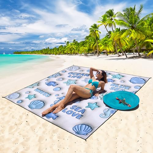 HIHOHO Beach Blanket Waterproof Sandproof Beach Mat 79”x 83” for 1-8 Adults Quick Drying Durable Outdoor Picnic Mat for Beach Festival Travel Camping Hiking (3D Ocean, 79"×83"(4 Person)) - color: 3d Ocean, size: 6'11" x 6'7"