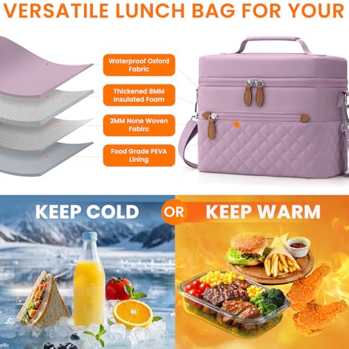 Tenot Insulated Lunch Box for Women Reusable, Leak Proof Cooler Lunch Bag Women for Work Stylish Quilted Lunch Tote Bag for Adult Picnic Travel Hiking Purple - color: Purple