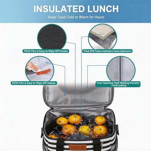 iknoe Insulated Lunch Bag, Foldable 8.5L Cooler Bag for Men & Women, Leakproof Thermal Design, Great for Office, Picnic, Travel, Lunch Box, Stripe - color: Stripes, size: Medium