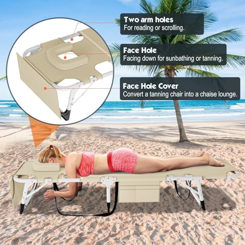 MOPHOTO Tanning Chair, Outdoor Sunbathing Lounge Chair 5-Position, Folding Chaise Lounger, Sun Tanning Lounger with Face Hole, Perfect for Pool Beach Patio - color: Oatmeal, style: Sunbather Lounge