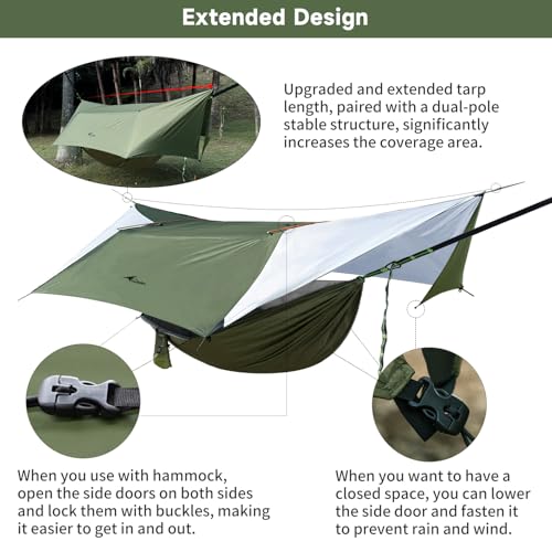 14ft Hammock Rain Fly Lightweight Waterproof Camping Tent Tarp with Doors and Dual Support Poles, Bushcraft Tarp Shelter for Backpacking Hiking Camping - color: Army-2