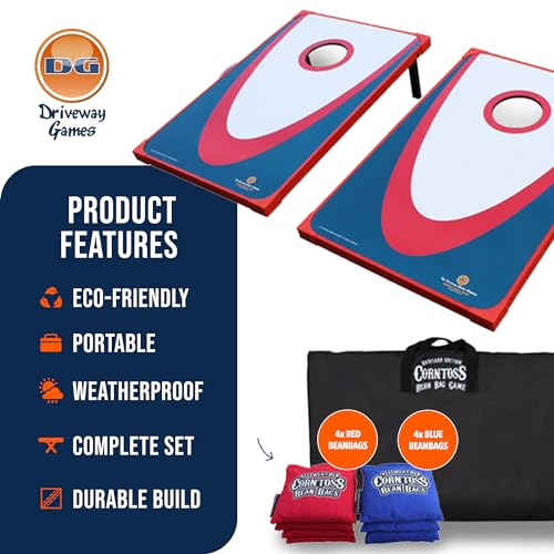 Driveway Games Backyard Edition Portable Toss Cornhole Game Set Regulation Size 2 Target Boards, 8 Bean Bags, and Carry Bag, Red/Blue