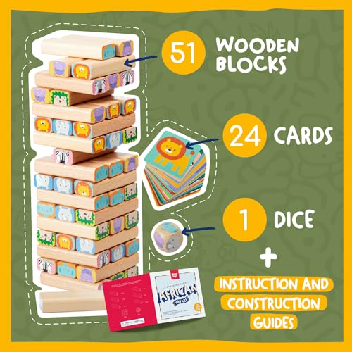 Nene Toys Wooden Block Stacking Game – 4-in-1 Tumble Tower Family Board Game with Building Blocks, Cards and Dice – African Safari Educational Wooden Toy for Kids 3-9 Years Old About Animals - style: Safari