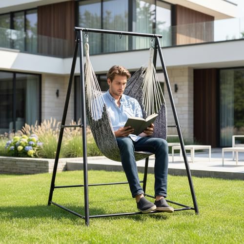 ONCLOUD Stylish Hammock Chair with Stand for Indoor & Outdoor Use, Boho Style Hammock Perfect for Patio, Balcony, Garden and Living Room, Heavy Duty 660 LBS with Cushion (Full Set) - style: Full Set