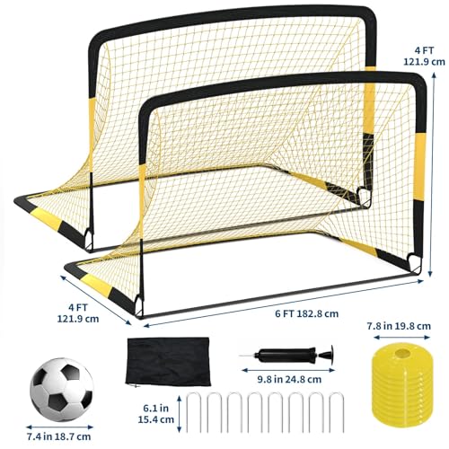 6x4 ft Soccer Goal 2 Pack, Kids Soccer Goals for Backyard Set, Portable Pop Up Soccer Net with Soccer Ball, Cones, Ground Stakes & Carrying Bag, Complete Training Equipment, for Indoor Outdoor