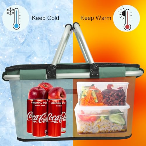 Picnic Basket, SIYUAN Collapsible Shopping Basket with Handles 27L Large Market Basket with Lid Reusable Folding Grocery Basket Insulated Cooler Bag, Green - color: Green