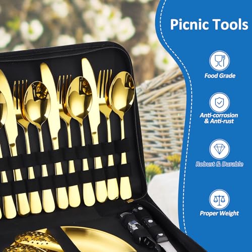 Camping Silverware Kit Cutlery Organizer Utensil Picnic Set Stainless Steel Plate Spoon Clip and Serrated Knife Wine Opener Fork Napkin Hiking - Camp Kitchen BBQ’s - color: Camping Silverware Set-24set-Gold