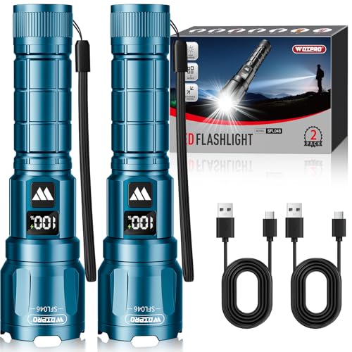 WdtPro LED Rechargeable Flashlight 2 Pack, 3 Modes Super Bright High Lumens Flashlights, Zoomable Tactical Flash Light with LCD Display, IP65 Waterproof Flashlights for Home Emergency Camping - Blue - color: Blue
