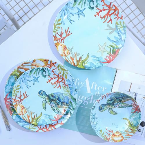 12-Piece Melamine Turtle Dinnerware Set, Ocean Plates and Bowls Sets, Indoor Outdoor Dish Sets for 4, Unbreakable Lightweight Tableware Set - Turtle - color: Blue Turtle