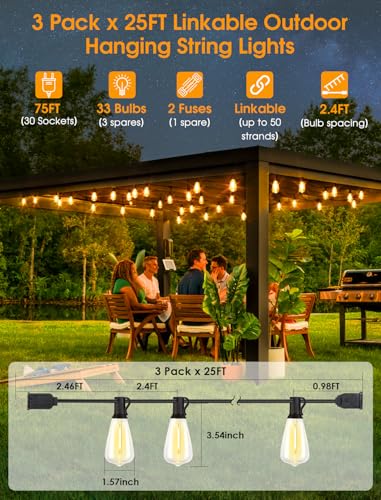 Larkvue 75FT(3x25FT) Outdoor String Lights, Patio Lights with 30+3 LED Dimmable Waterproof Connectable ST38 Bulbs for Outside Porch Balcony, Black - color: Black, size: 75FT