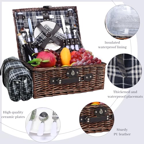 Neti Neti Wicker Picnic Basket for 4 with Insulated Cooler & Waterproof Blanket – Large Willow Picnic Hamper for Outdoor, Camping, Beach, Romantic Dates, Valentine’s Day - color: Black & White Checkerboard