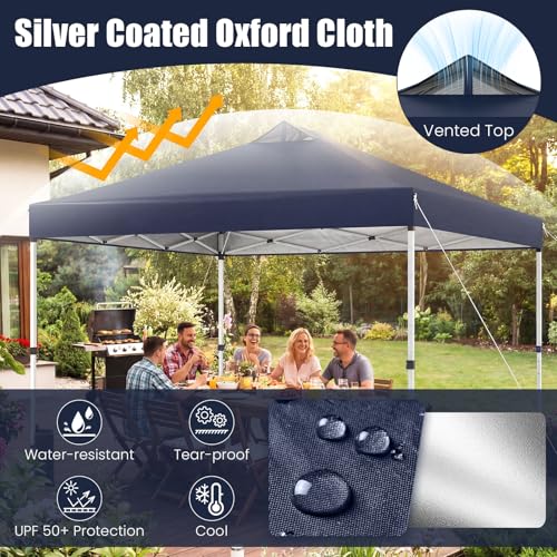 Tangkula 10 x10 Ft Pop Up Canopy with Center Lock, UPF 50+ One-Button Setup Outdoor Canopy Tent with Roller Bag, 4 Sand Bags, Heavy-Duty Steel Frame, 8 Stakes, 4 Ropes for Camping, Picnic - color: Blue