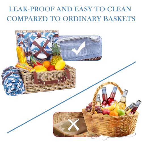 Neti Neti Wicker Picnic Basket for 4 with Insulated Cooler & Waterproof Blanket – Large Willow Picnic Hamper for Outdoor, Camping, Beach, Romantic Dates, Valentine’s Day - color: Blue Rhombus