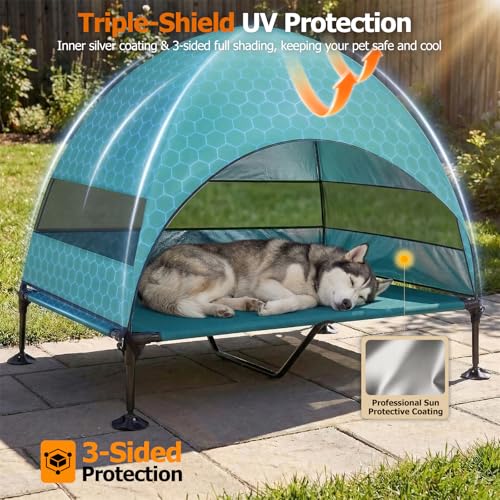 Elevated Dog Bed with UV-Proof Canopy, Outdoor Dog Tent with Powerful Adjustable Feet, Portable Pet Cot with Wider Shade, Raised Cooling Bed for Camping, Patio, Beach, Poolside - color: Aqua, size: X-large: 50.0"l X 32.0"w X 42.5"th