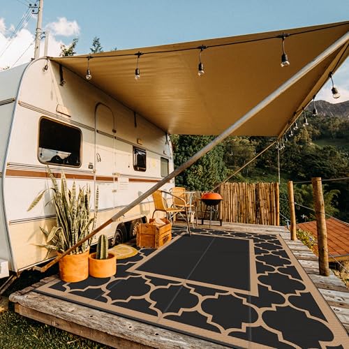 GENIMO 10 ' x 14 ' Outdoor Rug Waterproof for Patio Decor, Foldable Reversible Plastic Straw Area Rugs Mat for Camper, Outside Carpet for Rv, Deck, Porch, Picnic, Beach, Balcony, Black & Brown - color: Black&brown, size: 10' x 14' (Rectangular)