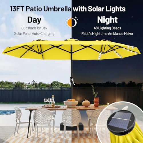 AreShark 13 FT Patio Umbrella with Solar Lights, Double-Sided Outdoor Table Umbrellas with Crank, Large Rectangular Market Umbrella for Porch, Lawn, Pool, Backyard, Yellow - color: Yellow, size: 6.5x13 Ft