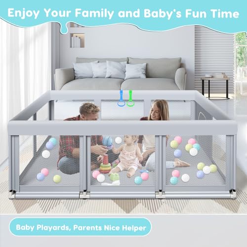 Fshibila 74" ×50" Large Baby Playpen, Baby Playard for Babies and Toddlers, PlayPen for Indoor & Outdoor, Sturdy Safety Play Yard with Soft Breathable Mesh, Anti-Fall, Ball x 18, Handle x 2, Grey - color: Grey, size: 74 × 50 Inch + handle&ball