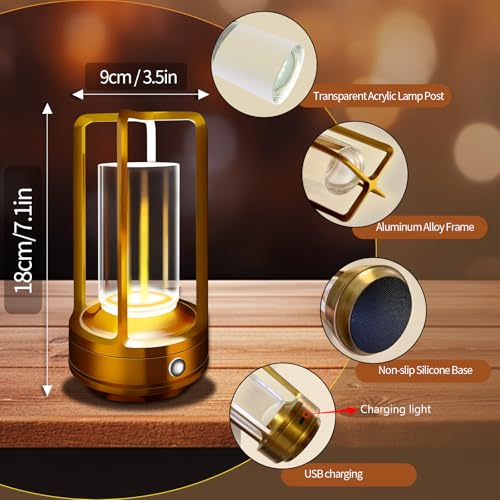 Portable Metal Table Lamp, 4000 mAh Rechargeable Outdoor Table Lamp Cordless, 3 Color Stepless Dimmable Atmosphere Table Lamps for Patio, Camping, Coffee table decor lamp for Indoor/Outdoor - color: Gold