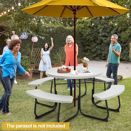 Round Picnic Table for Outdoors, 8 Person Outdoor Picnic Tables & Benches Set with Umbrella Hole, HDPE Tabletop & Metal Frame, 2000 LBS Capacity Table Bench Set for BBQ, Garden, Lawn, Patio - color: White