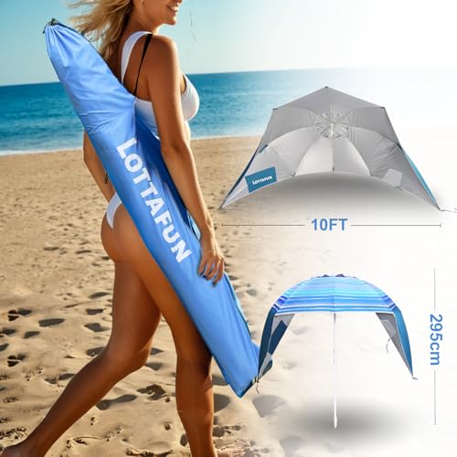 LOTTAFUN Beach Shelter Umbrella Premiere UPF 50+ Umbrella Shelter for Sun and Rain Protection for Adult (10-Foot,Blue Stripe) - color: Blue Wave Stripe