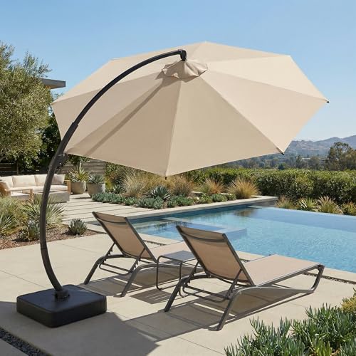 Kingdura 11ft Offset Cantilever Patio Umbrella with Base Included, Large Round Aluminum Outdoor Umbrella, 360° Rotation & Infinite Tilt, Heavy Duty Frame for Deck Pool Backyard, Beige - color: Beige, size: 11 FT
