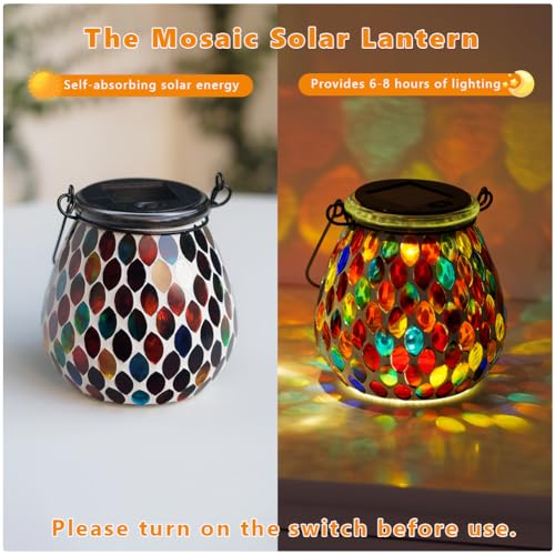 Starsoul 2 Pack Solar Lanterns Outdoor Waterproof, Exquisite Colorful Mosaic Glass Solar Garden Decor, Gifts for Women Mom Grandma - color: Red-2PC