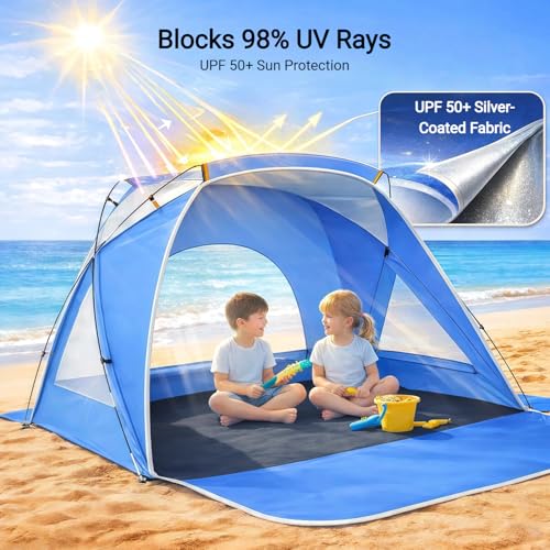 Beach Tent, Portable Sun Shelter for 2/3/4/6-8 Person with UPF 50+ UV Protection, Easy Setup Waterproof Beach Shade Canopy Cabana for Family Outdoor and Picnics, Fishing with Carrying Bag - color: Blue, size: Compact 1-2 Person