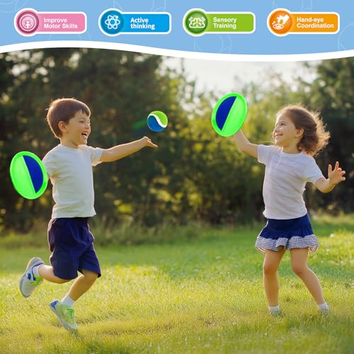 Outdoor Toys for Kids Ages 4-8, Catch Ball Toss Game, Outside Toys for 3 4 5 6 7 8-12 Year Old Boys Girls, Beach Pool Yard Lawn Outdoor Games, Toddlers Kids Birthday Summer Gifts, 4 Paddles 4 Balls - color: Green