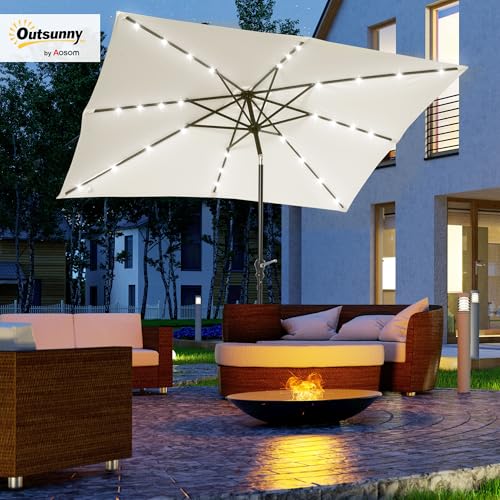 Outsunny 9' x 7' Solar Umbrella, LED Lighted Patio Umbrella for Table or Base with Tilt & Crank, Outdoor Umbrella for Garden, Deck, Backyard, Pool, Beach - color: Cream White