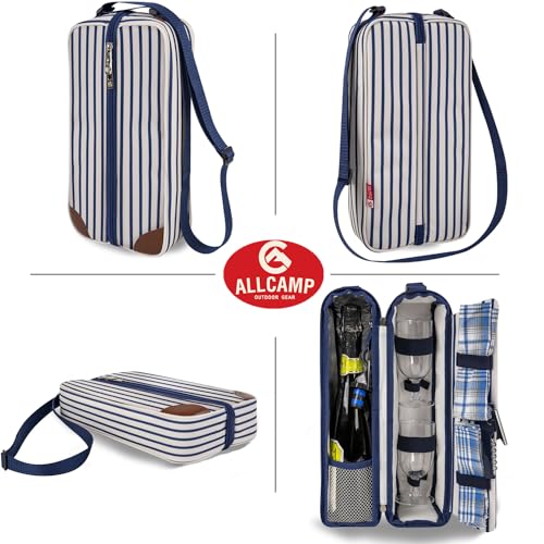 ALLCAMP Wine Tote Bag with Cooler Compartment，Picnic Set Carrying Two Sets of Tableware（Blue Stripe） - color: Blue Stripe, size: 1 Bottle