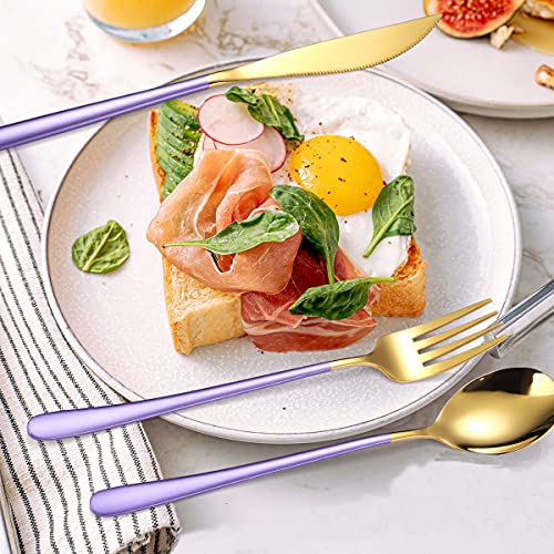 AARAINBOW 6 Pieces 18/8 Stainless Steel Flatware Set Portable Reusable Cutlery Set Travel Utensils Set Including Chopsticks Knife Fork Spoon Straws Cleaning Brush Dishwasher Safe (Purple golden) - color: Purple golden