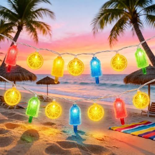 8.5FT Popsicle and Lemon String Lights, Tropical Beach Decorations Lights with 10 Multicolor Popsicle Lemon Bulbs, UL Listed Waterproof Fairy Lights for Summer Party Patio Bedroom Holiday Camping - color: Lemon/Popsicle