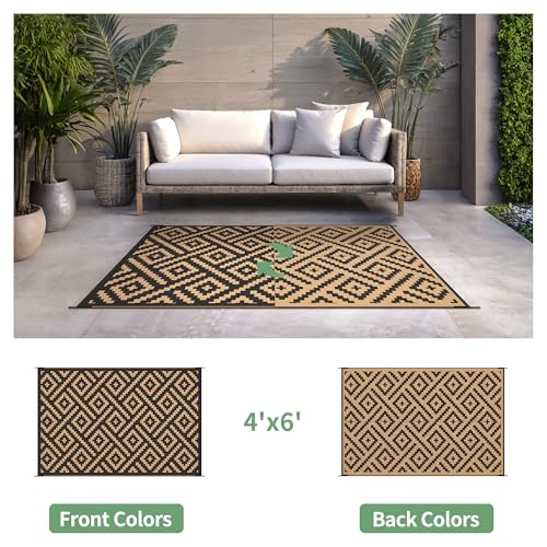 sarben Outdoor Rug for Patio - Waterproof Plastic Straw Camping Rugs 4x6 ft, Reversible Outdoor Indoor RV Mat Carpet for Patio, Porch, Deck, Balcony, Picnic, Beach, Black Brown - color: Black&brown, size: 4' x 6' (Rectangular)