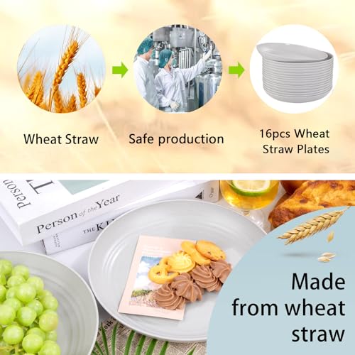 Supernal 16pcs Grey Wheat Straw Plates - Hard Plastic, Unbreakable Dinner Plates, Dishwasher & Microwave Safe for Camping, Picnic - color: Gray