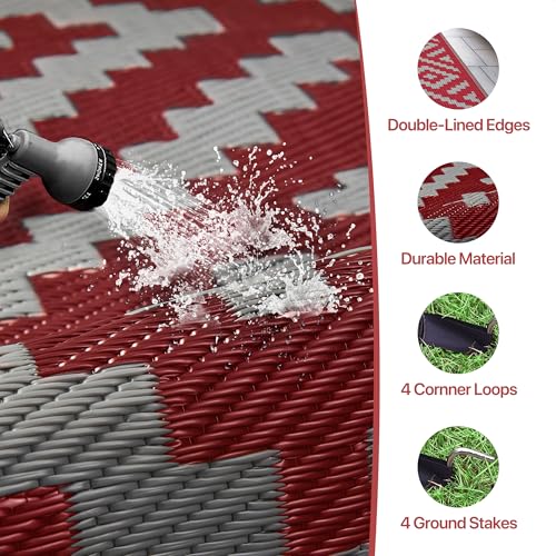 GENIMO Christmas Outdoor Rug for Patio Clearance, 6'x9' Reversible Plastic Straw Rugs, Lightweight Waterproof RV Camping Mat for Camper, Balcony, Deck, Backyard, Picnic, Red Grey - color: Red & Grey, size: 6' x 9' (Rectangular)