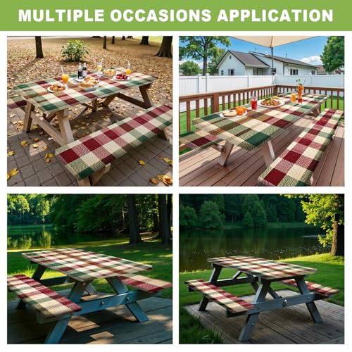 ANNA QUEEN Classic Plaid Picnic 6FT Picnic Table Cover with Bench Covers Set of 3 with Drawstring Bag, Checkered 72"x30" Waterproof Picnic Tablecloth & Bench Covers for Outdoor BBQ - color: #56
