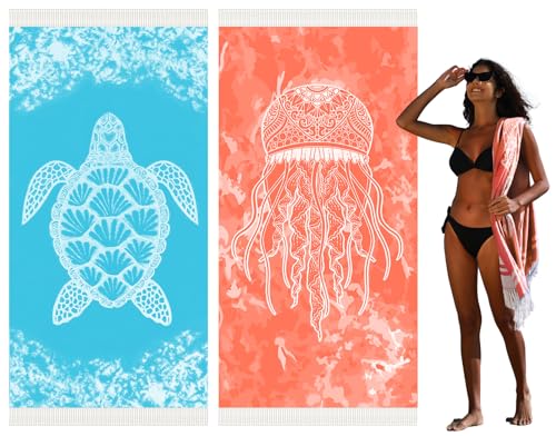 Widdonen Thin Turkish Beach Towel Lightweight Quick Dry Absorbent Cotton Bathroom Bath Pool Swim Towels Extra Large Oversized Sand Free Beach Accessories Essentials Cloud Gifts for Adult - color: 2 Pack Blue Turtle Orange Medusa, size: X-large(79 X 36 Inc