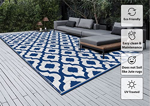Recycled Outdoor Plastic Patio Rugs Clearance Waterproof RV Camper Rug Large Reversible mats 6'x9' Blue & White 20317 - color: Blue, White, size: 6' x 9' (Rectangular)