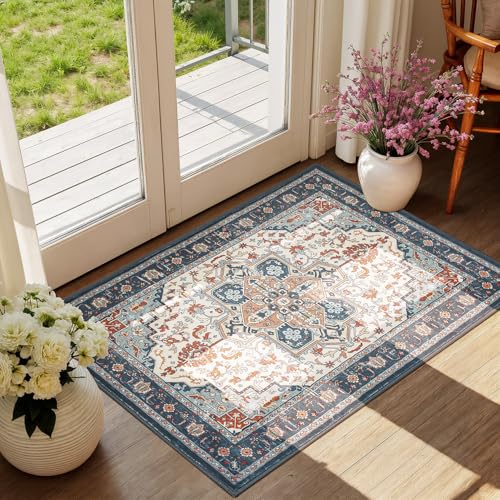 Rugflix 2x3 Small Area Rugs for Entryway, Washable Entrance Door Mat Non-Slip, Soft Low Pile Stain Resistant Vintage Boho Indoor Throw Rug for Hallway, Kitchen, Bedroom, Blue Orange - color: Blue Orange, size: 2' x 3' (Rectangular)