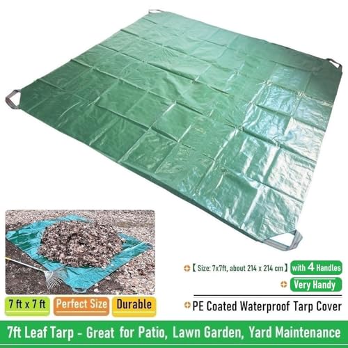 7x7 Ft Yard Garden Leaf Tarp W/ 4 Handles Waterproof Tarp for Sandbox Cover,Outdoor Tarpaulin,Lawn Debris,Landscape Pruning,Leaf Hauler,Tent Footprint,Camping Tent Mat,Patio Table,Yard Fire Pit Cover
