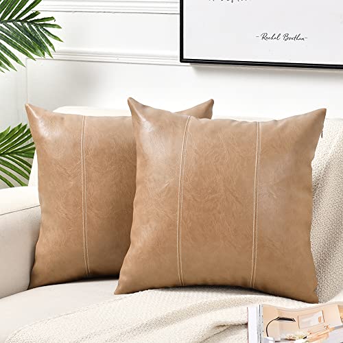 Fancy Homi 2 Packs Tan Decorative Throw Pillow Covers 18x18 Inch for Outdoor Couch Bed, Waterproof Faux Leather Hand Stitched Beige Square Cushion Case 45x45 cm, Modern Farmhouse Boho Home Decor - color: Tan, size: 18" x 18" (Pack of 2)