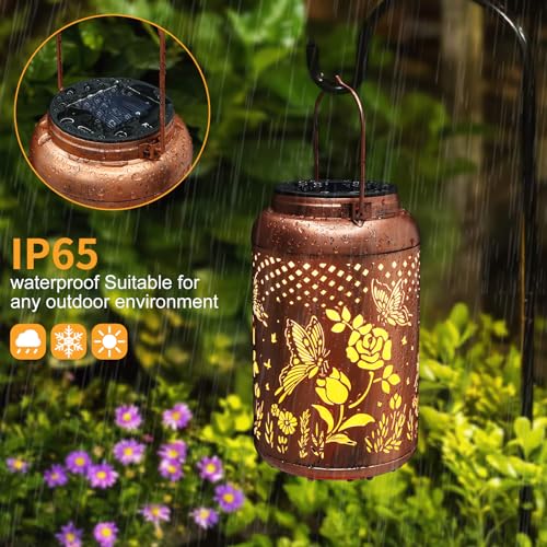 Rose Butterfly Decoration Solar Lanterns Outdoor Waterproof Garden Decor Gifts for Women Mon Grandma Metal Hanging Solar Lights for Outside LED Lanterns for Yard, Patio - style: Butterfly