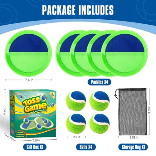 Outdoor Toys for Kids Ages 4-8, Catch Ball Toss Game, Outside Toys for 3 4 5 6 7 8-12 Year Old Boys Girls, Beach Pool Yard Lawn Outdoor Games, Toddlers Kids Birthday Summer Gifts, 4 Paddles 4 Balls - color: Green