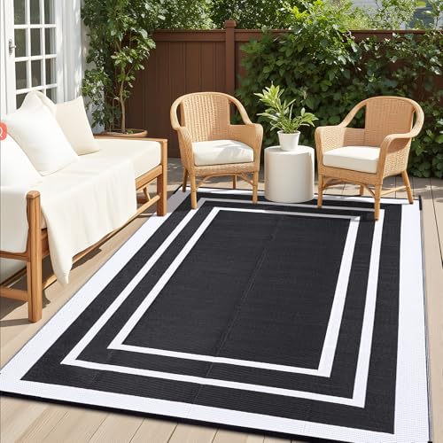 OLANLY Outdoor Rug 8x10 ft Waterproof, Reversible Outdoor Plastic Straw Rug, RV Mat, Indoor Outdoor Carpet Clearance for Patio, Camping, Balcony, Deck, Backyard, Black & White - color: Black & White, size: 8' X 10' (Rectangular)