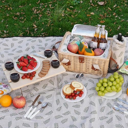 HappyPicnic Picnic Basket for 4, Handmade Wicker Picnic Set with Folding Table and Waterproof Blanket, Large Insulated Picnic Basket with Wine Bag & Cutlery Kit for Picnic, Camping, Holidays (Leaf) - color: Leaf, size: 4-person Set