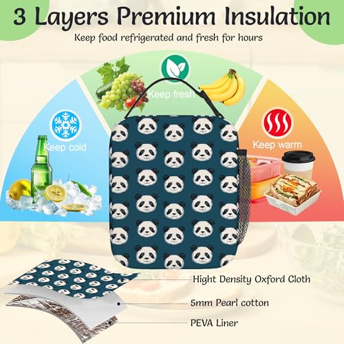 Cute Panda Lunch Box for Men,Blue Lightweight Reusable Lunch Bag for Girls Boys,Portable Insulated Small Cooler Bag for Picnic,Travel,School,Office - color: Cute Panda