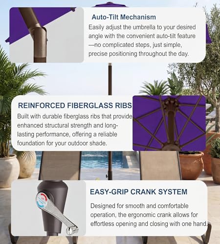 PatioKingdom Auto-Tilt 9FT Patio Umbrella Outdoor with 8 Sturdy Fiberglass Ribs,Market Table Umbrella for Pool,Backyard,Deck and Garden - color: Dark Purple, size: 9FT