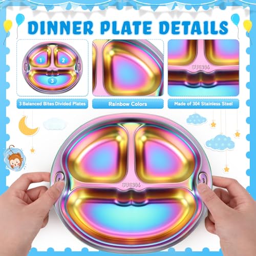 Tioncy 15 Pcs Stainless Steel Kids Dinner Set, 3 Bowls, 3 Balanced Bites Divided Plates, 3 Cups, 3 Spoons and 3 Forks, Stainless Steel Lunch Plates Dinnerware Set for Kids Toddlers(Monkey) - style: Monkey