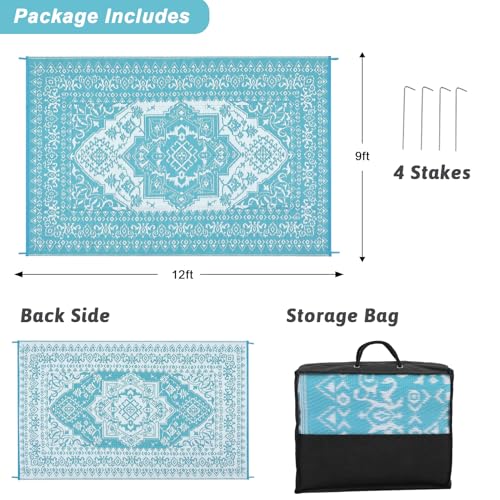 COZYLOOM Outdoor Rug for Patio Clearance,9'x12' Waterproof Large Mat, Reversible Plastic Camping Rugs, Portable Lightweight Plastic Straw Carpets for Rv, Beach Backyard Garden, Porch, Deck, Balcony - color: Vintage Blue/White, size: 9'x12'